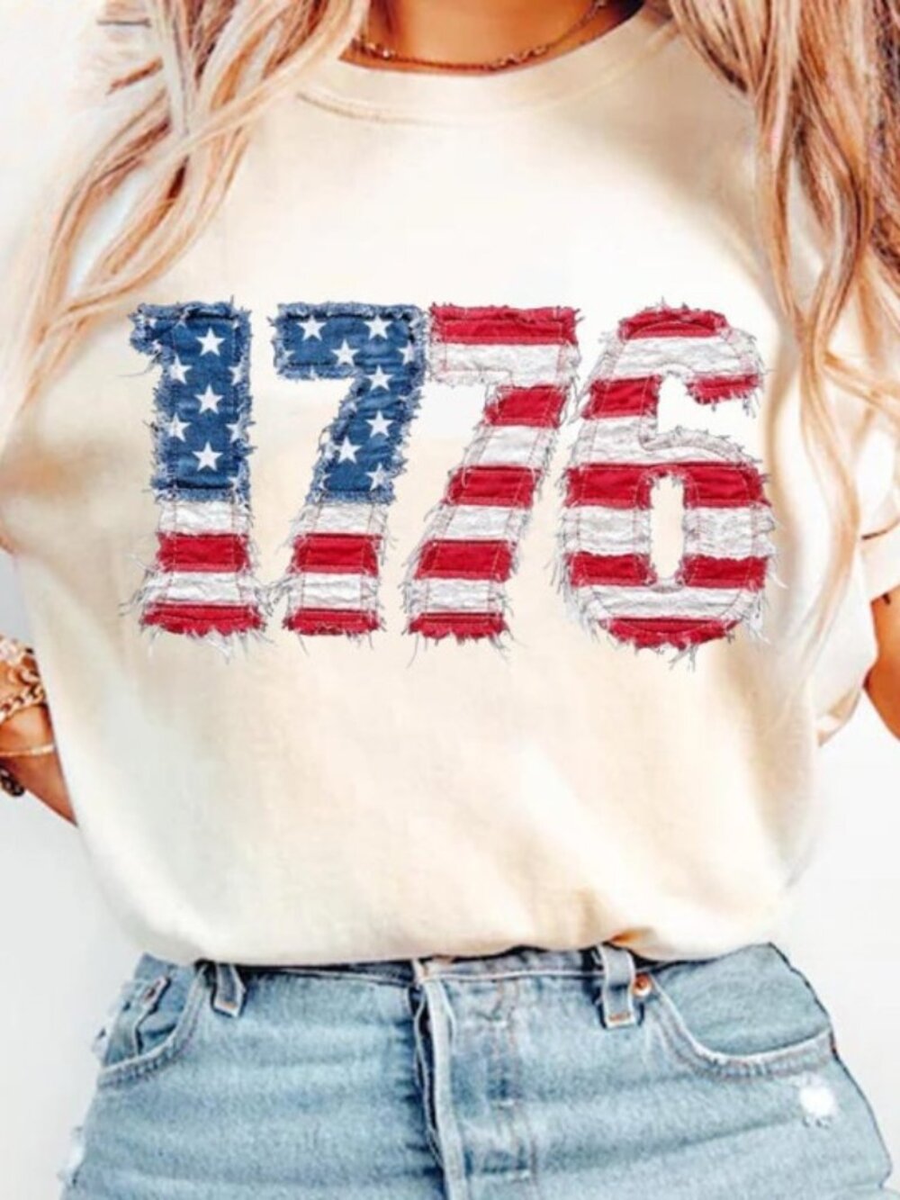 Distressed Faux Patchwork 1776 USA Flag Shirt